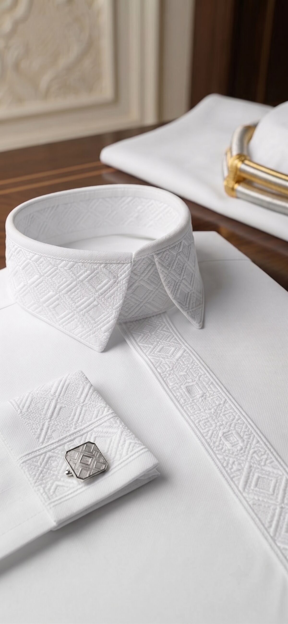 Qiyas thobe collar and cuff embroidery detail